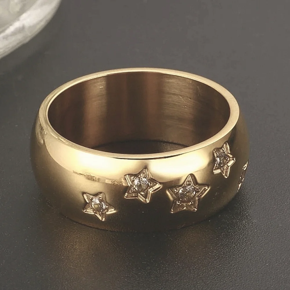 NEW‎ Women's Wide Pave Diamond Star Gold-Plated Ring Band Size 7